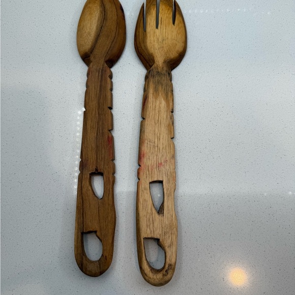 Vintage Hand Carved Wooden Spoon & Fork Set Mid-Centry - Picture 2 of 2